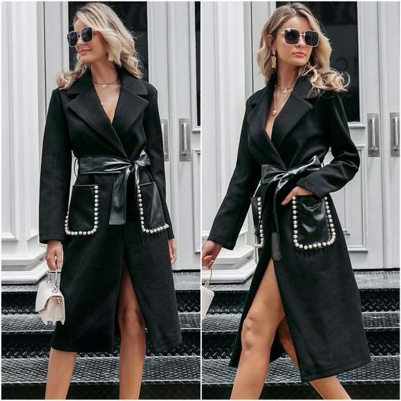 Jackets & Blazers - BLACK belted pocket classic trench pea coat